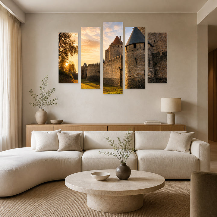 Carcassonne, France at Golden Sunset — five-panel wall art in alternate frontal interior | 5wallart 51248 M4