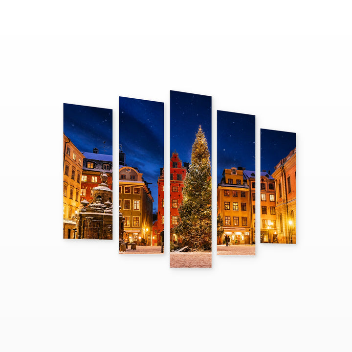 Christmas in Montreal at Night — five-panel wall art on white background in perspective | 5wallart 51249 M1