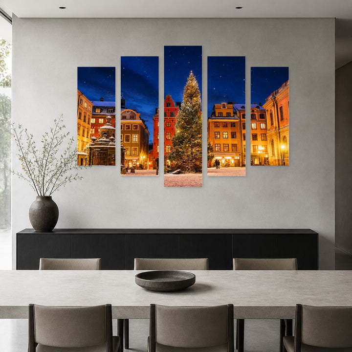 Christmas in Montreal at Night — five-panel wall art in alternate frontal interior | 5wallart 51249 M4