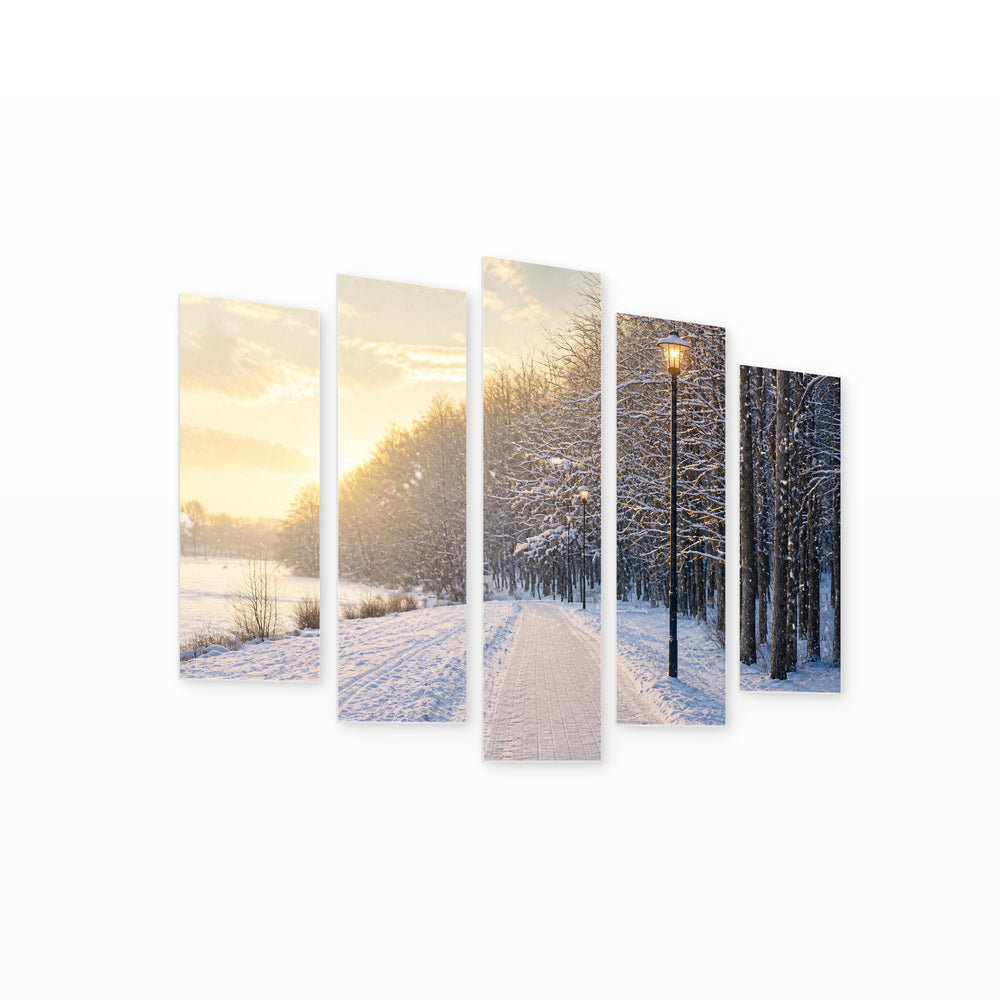 Winter Street in Serene Light — five-panel wall art on white background in perspective | 5wallart 51251 M1