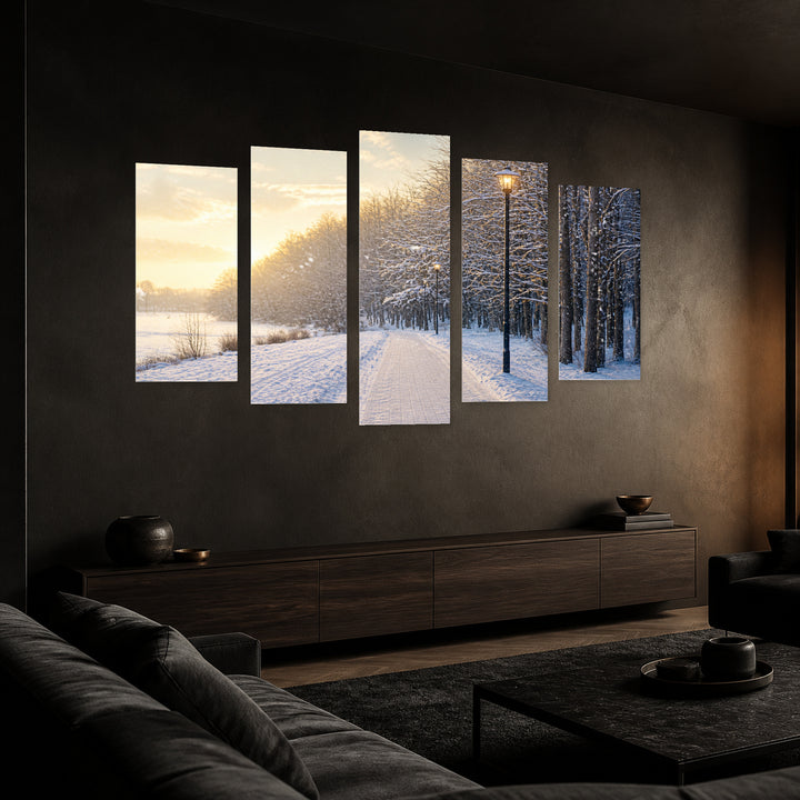 Winter Street in Serene Light — five-panel wall art in perspective interior | 5wallart 51251 M2