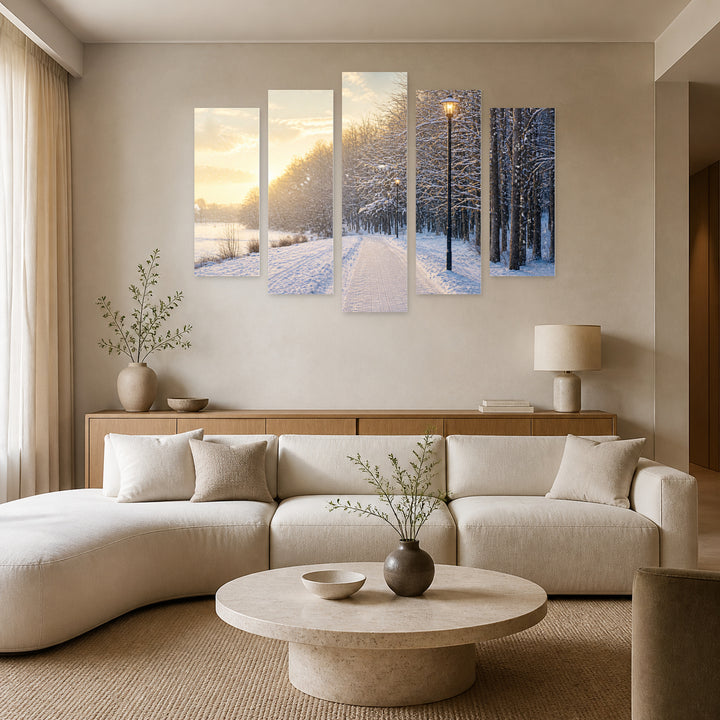 Winter Street in Serene Light — five-panel wall art in frontal interior | 5wallart 51251 M3