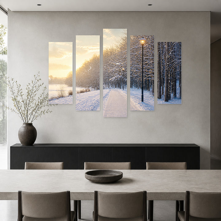 Winter Street in Serene Light — five-panel wall art in alternate frontal interior | 5wallart 51251 M4