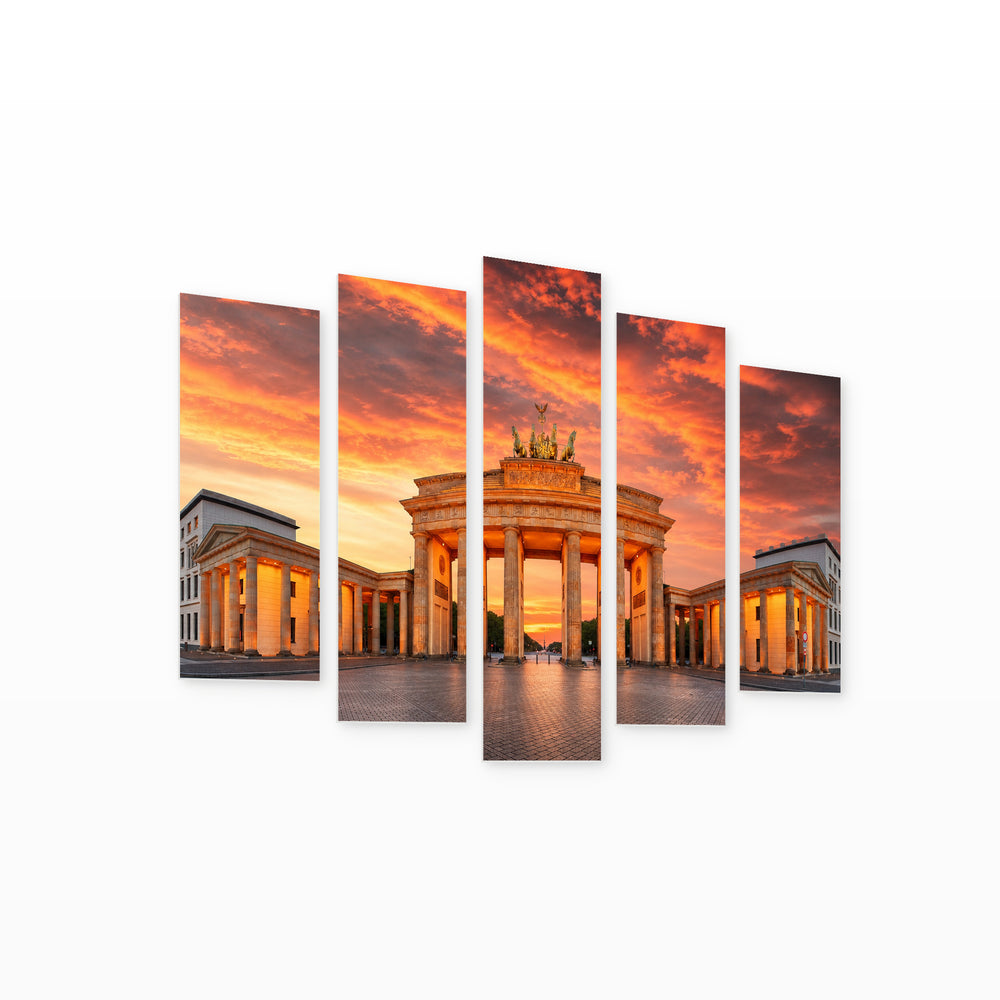 Golden Brandenburg Gate at Red Sunset — five-panel wall art on white background in perspective | 5wallart 51259 M1