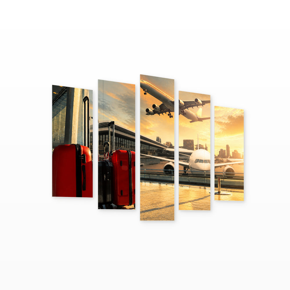 Airport at Golden Sunset — five-panel wall art on white background in perspective | 5wallart 51260 M1