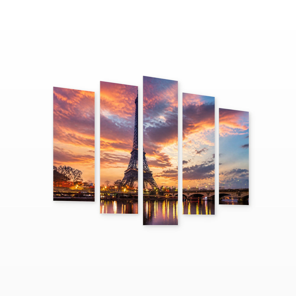 Eiffel Tower View Through Water Urban Panorama — five-panel wall art on white background in perspective | 5wallart 51264 M1