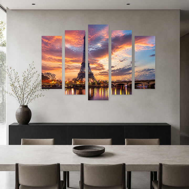 Eiffel Tower View Through Water Urban Panorama — five-panel wall art in frontal interior | 5wallart 51264 M3