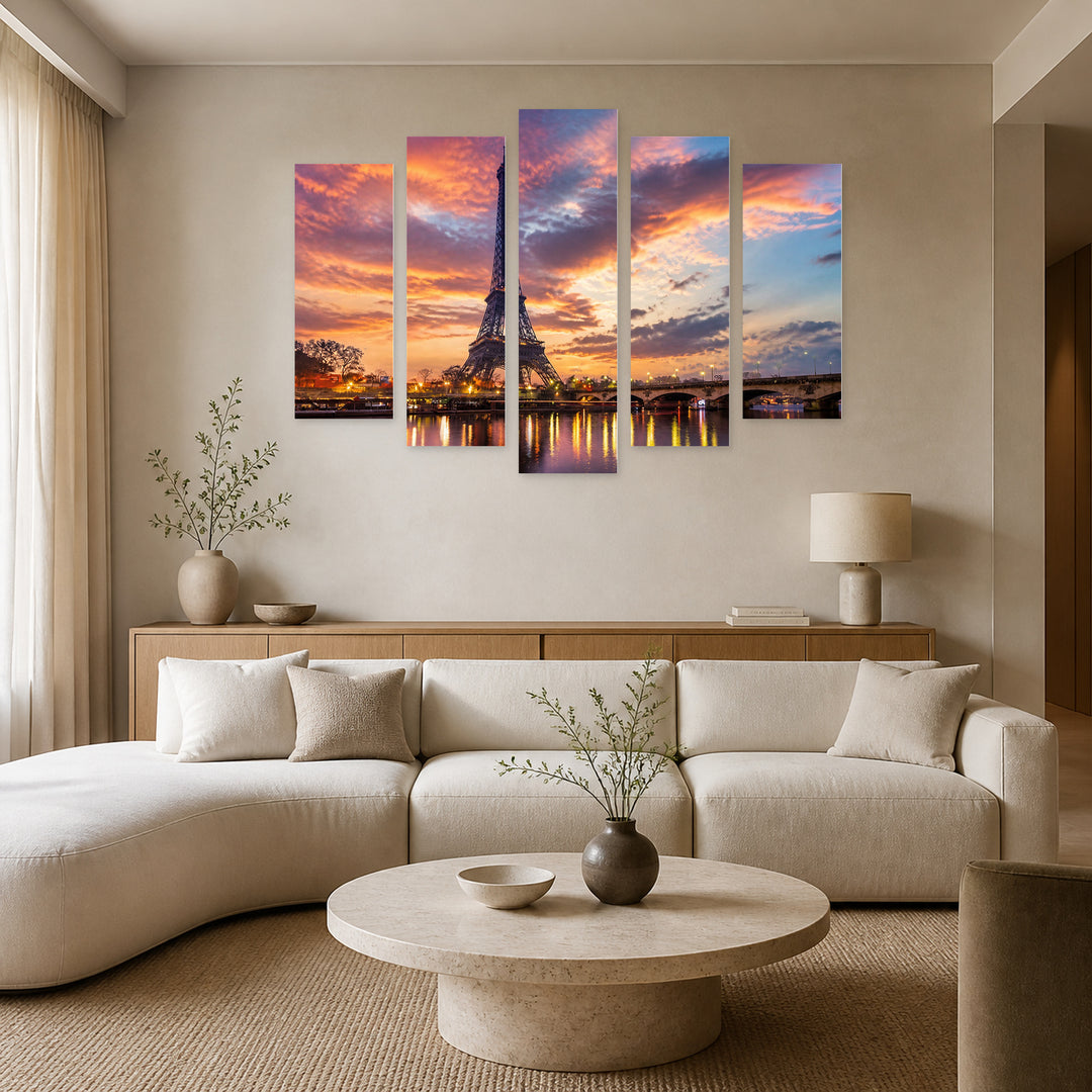 Eiffel Tower View Through Water Urban Panorama — five-panel wall art in alternate frontal interior | 5wallart 51264 M4
