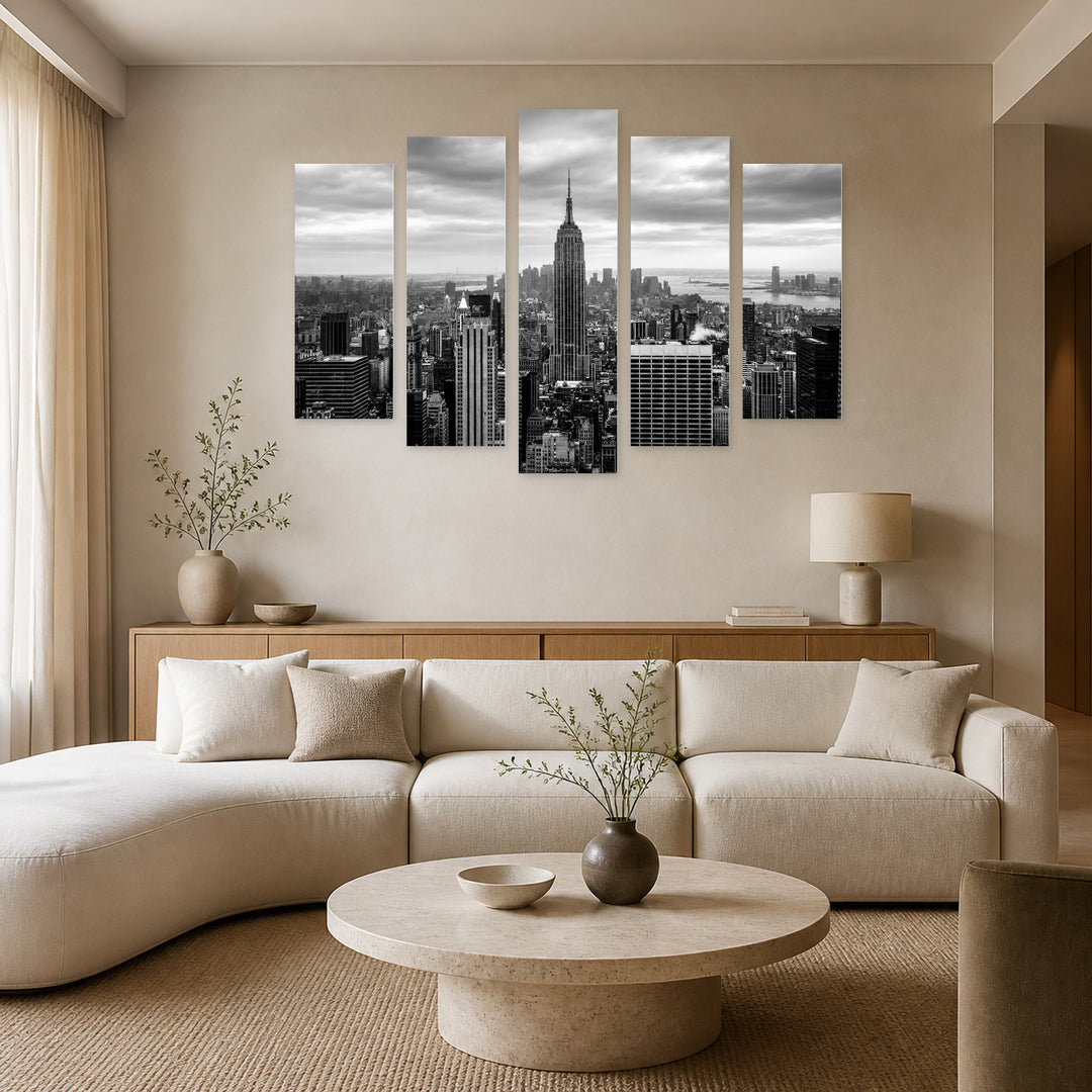 Empire State Building Urban Panorama — five-panel wall art in alternate frontal interior | 5wallart 51266 M4