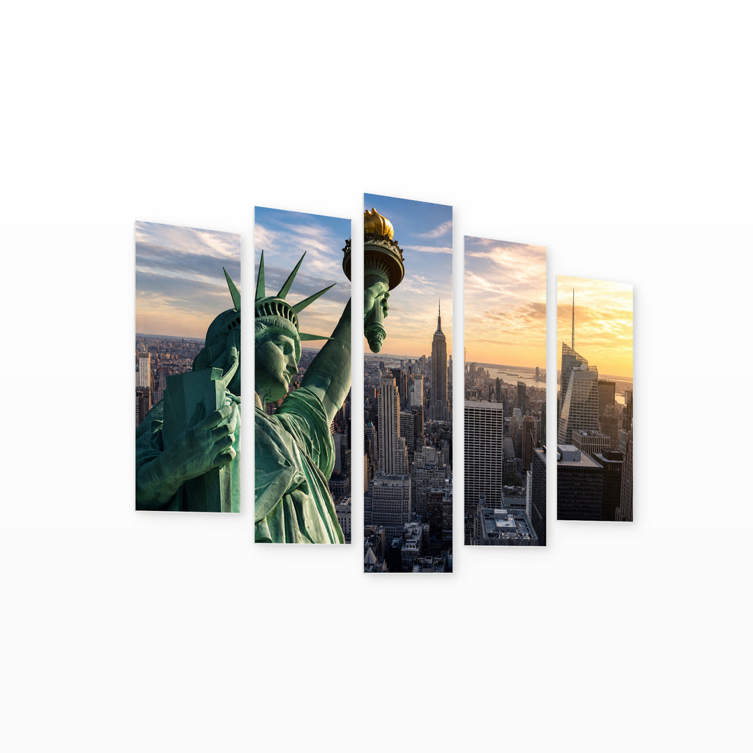 Statue of Liberty, New York Urban Panorama — five-panel wall art on white background in perspective | 5wallart 51276 M1