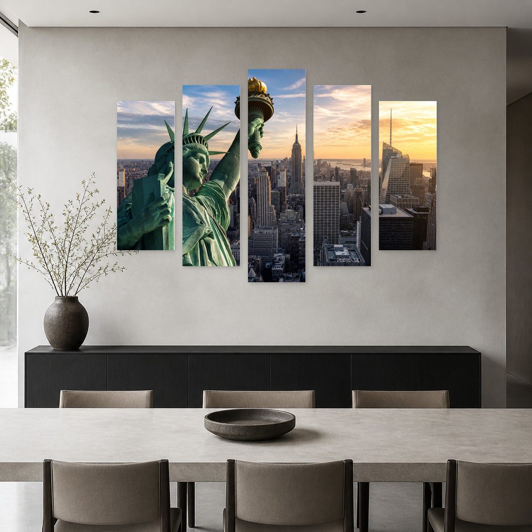 Statue of Liberty, New York Urban Panorama — five-panel wall art in frontal interior | 5wallart 51276 M3