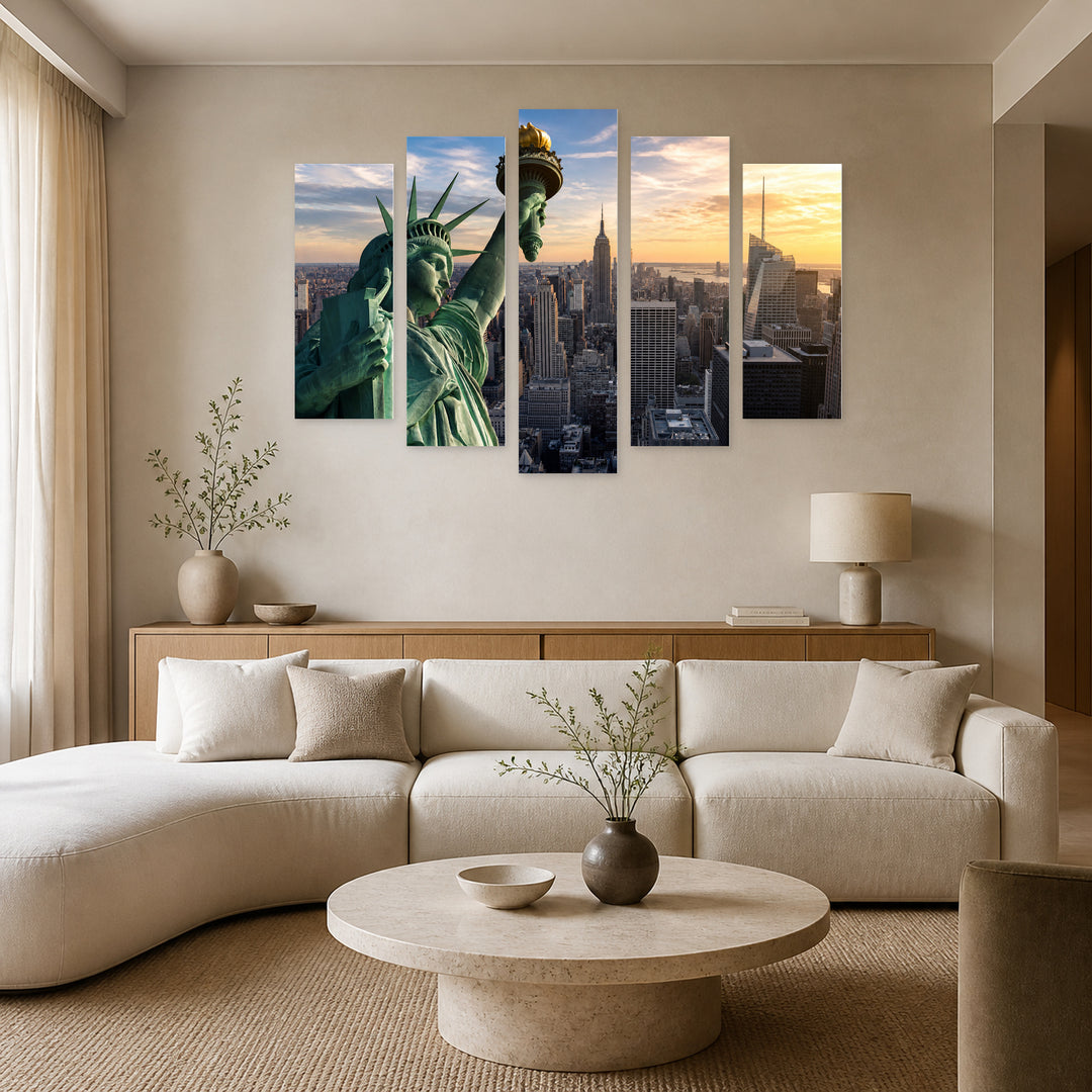 Statue of Liberty, New York Urban Panorama — five-panel wall art in alternate frontal interior | 5wallart 51276 M4