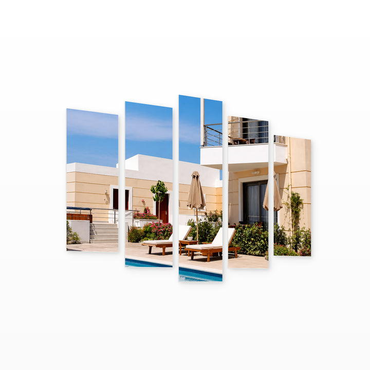 Pool and Villa in Greece with Geometric Rhythm — five-panel wall art on white background in perspective | 5wallart 51278 M1