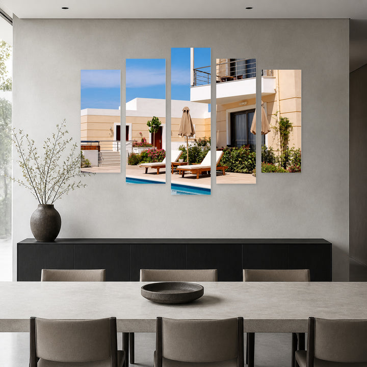 Pool and Villa in Greece with Geometric Rhythm — five-panel wall art in frontal interior | 5wallart 51278 M3
