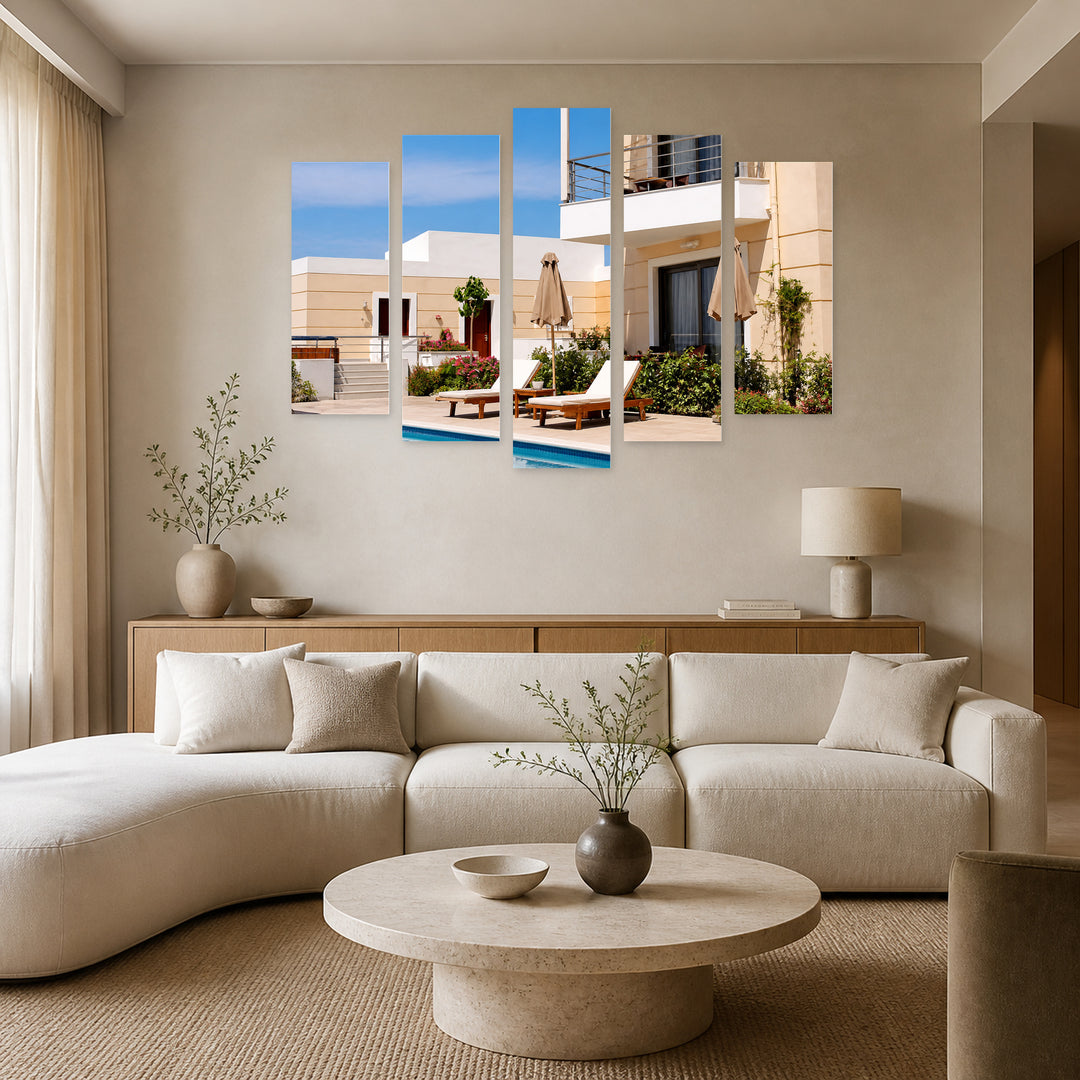 Pool and Villa in Greece with Geometric Rhythm — five-panel wall art in alternate frontal interior | 5wallart 51278 M4