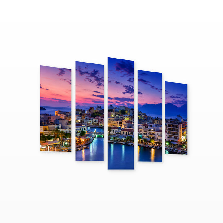 Agios Nikolaos Night View, Greece in Serene Light — five-panel wall art on white background in perspective | 5wallart 51279 M1