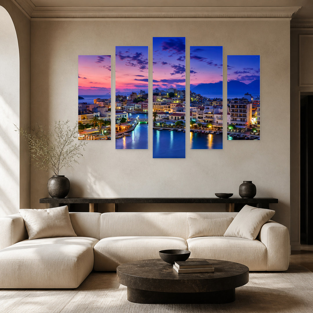 Agios Nikolaos Night View, Greece in Serene Light — five-panel wall art in frontal interior | 5wallart 51279 M3