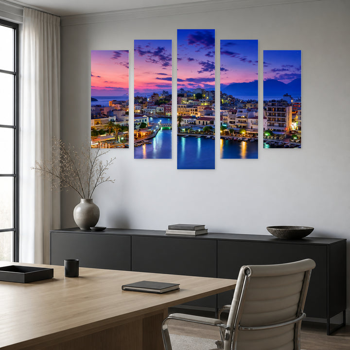 Agios Nikolaos Night View, Greece in Serene Light — five-panel wall art in alternate frontal interior | 5wallart 51279 M4