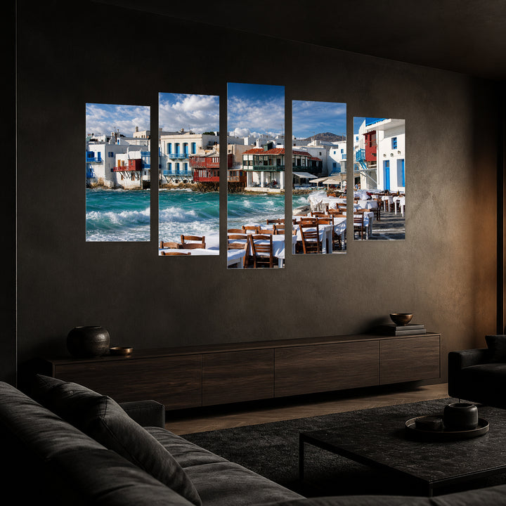Mykonos, Greece with Dramatic Contrast — five-panel wall art in perspective interior | 5wallart 51281 M2