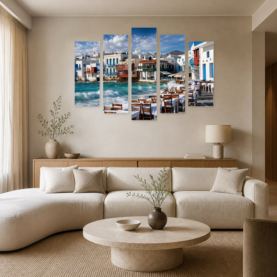 Mykonos, Greece with Dramatic Contrast — five-panel wall art in frontal interior | 5wallart 51281 M3