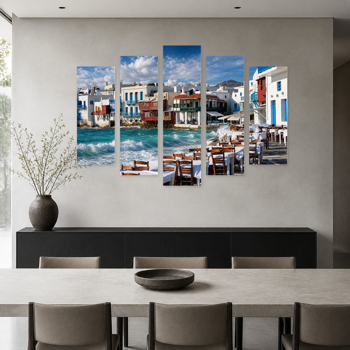Mykonos, Greece with Dramatic Contrast — five-panel wall art in alternate frontal interior | 5wallart 51281 M4