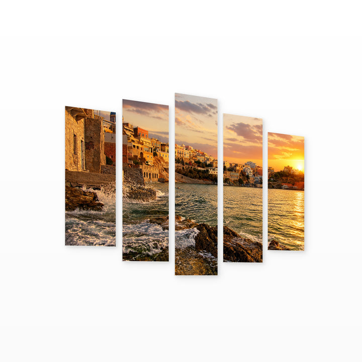 Syros Island, Greece at Golden Sunset — five-panel wall art on white background in perspective | 5wallart 51282 M1