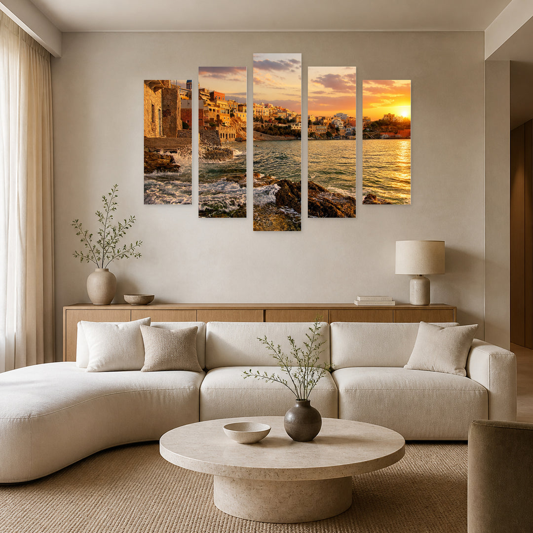 Syros Island, Greece at Golden Sunset — five-panel wall art in alternate frontal interior | 5wallart 51282 M4