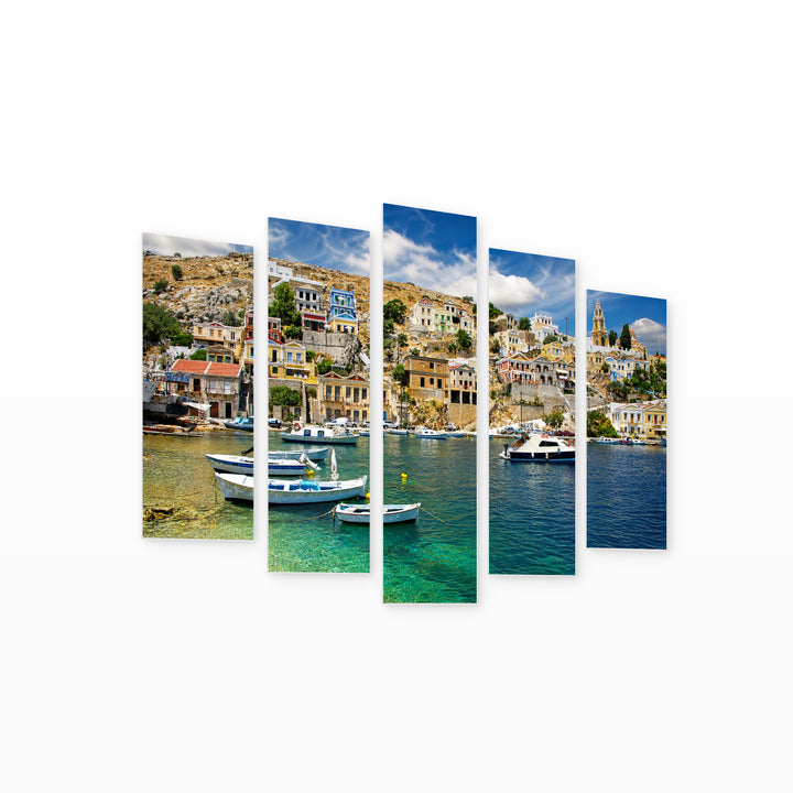 Sumi Island, Greece with Dreamlike Atmosphere — five-panel wall art on white background in perspective | 5wallart 51284 M1