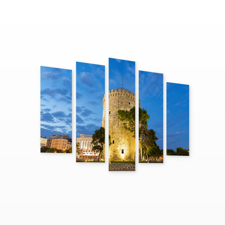 White Tower, Thessaloniki in Serene Light — five-panel wall art on white background in perspective | 5wallart 51286 M1