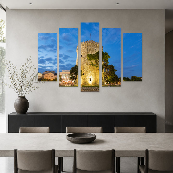 White Tower, Thessaloniki in Serene Light — five-panel wall art in frontal interior | 5wallart 51286 M3