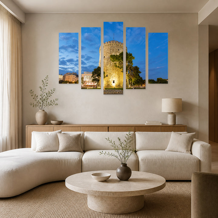 White Tower, Thessaloniki in Serene Light — five-panel wall art in alternate frontal interior | 5wallart 51286 M4