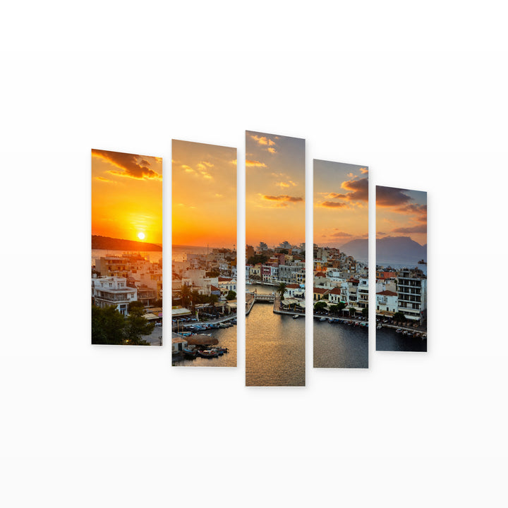 Golden Sunset over Agios Nikolaos — five-panel wall art on white background in perspective | 5wallart 51287 M1