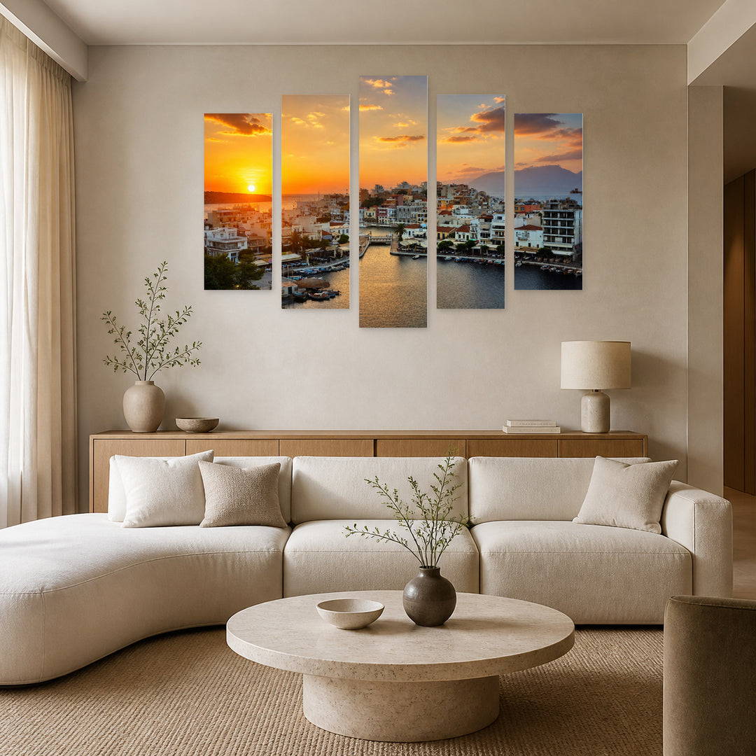 Golden Sunset over Agios Nikolaos — five-panel wall art in frontal interior | 5wallart 51287 M3