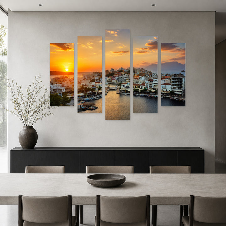 Golden Sunset over Agios Nikolaos — five-panel wall art in alternate frontal interior | 5wallart 51287 M4