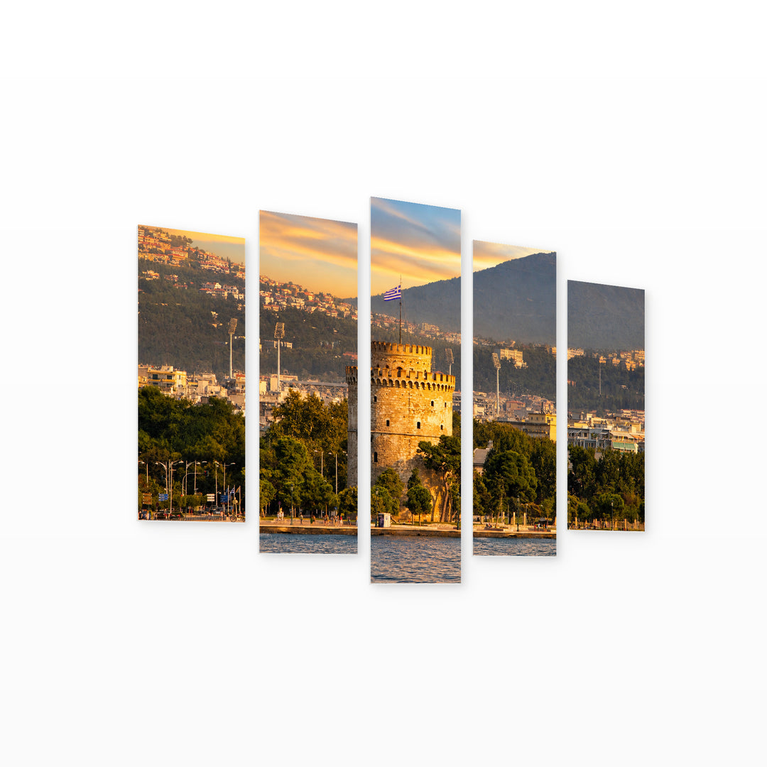 White Tower, Thessaloniki, Greece at Sunrise — five-panel wall art on white background in perspective | 5wallart 51288 M1