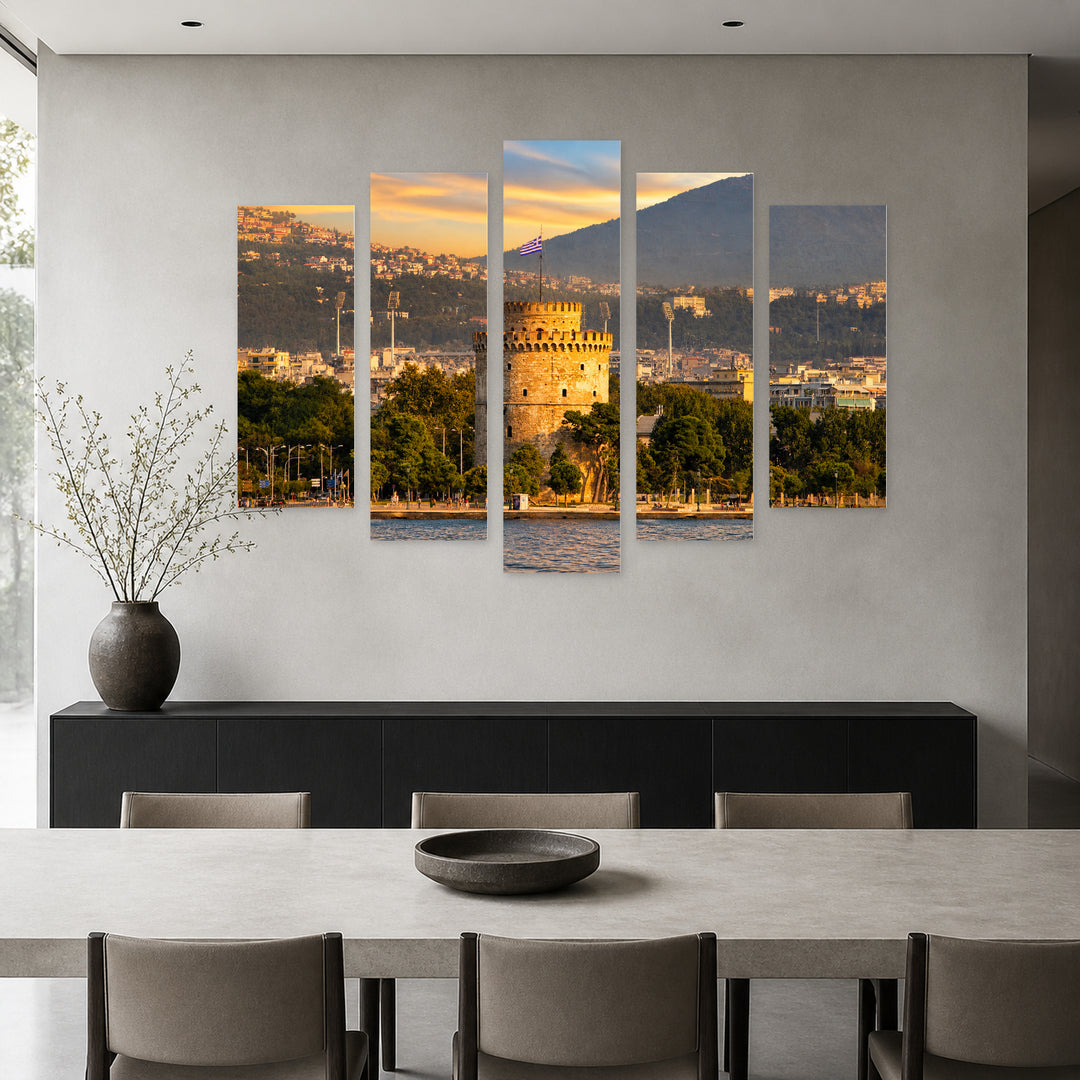 White Tower, Thessaloniki, Greece at Sunrise — five-panel wall art in frontal interior | 5wallart 51288 M3