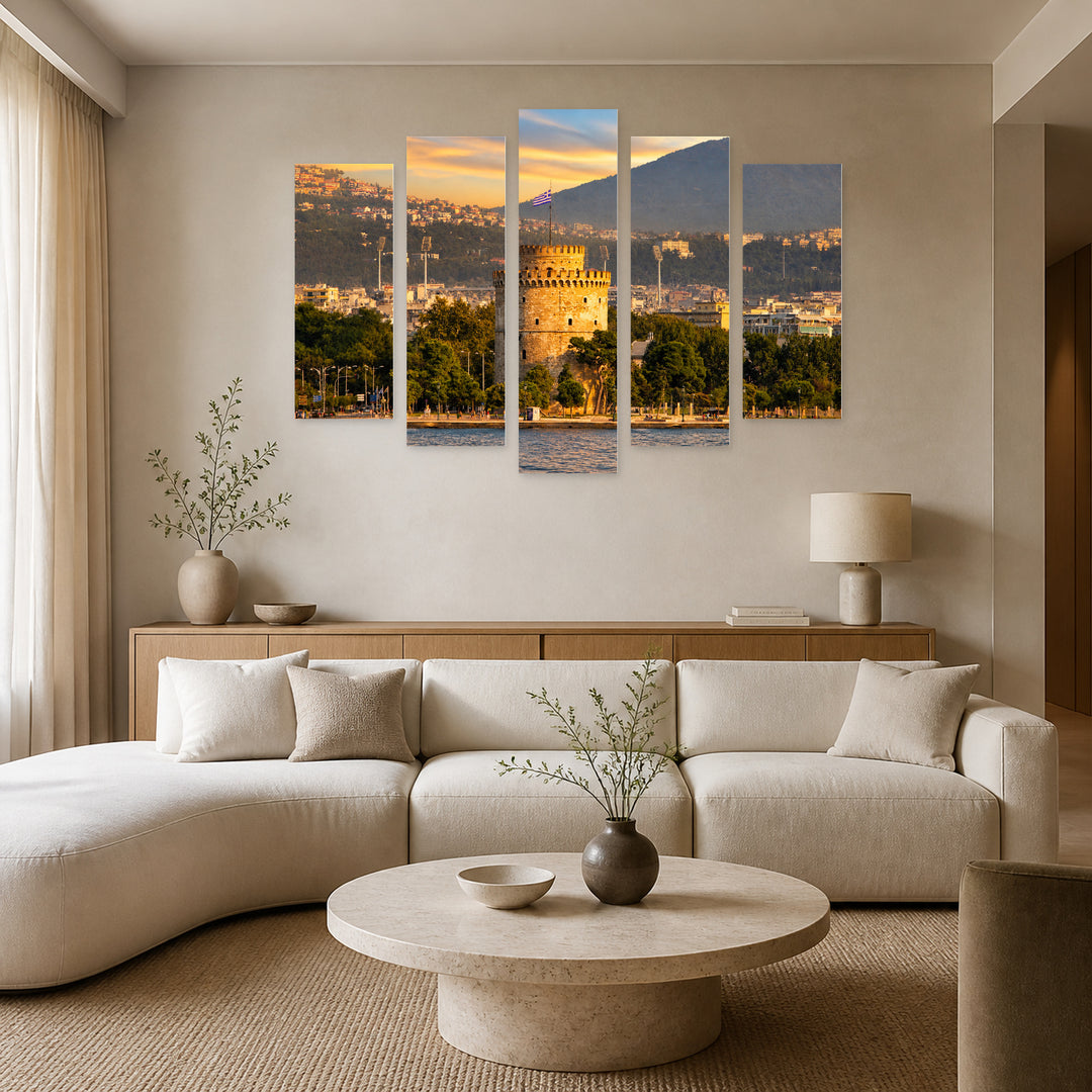 White Tower, Thessaloniki, Greece at Sunrise — five-panel wall art in alternate frontal interior | 5wallart 51288 M4