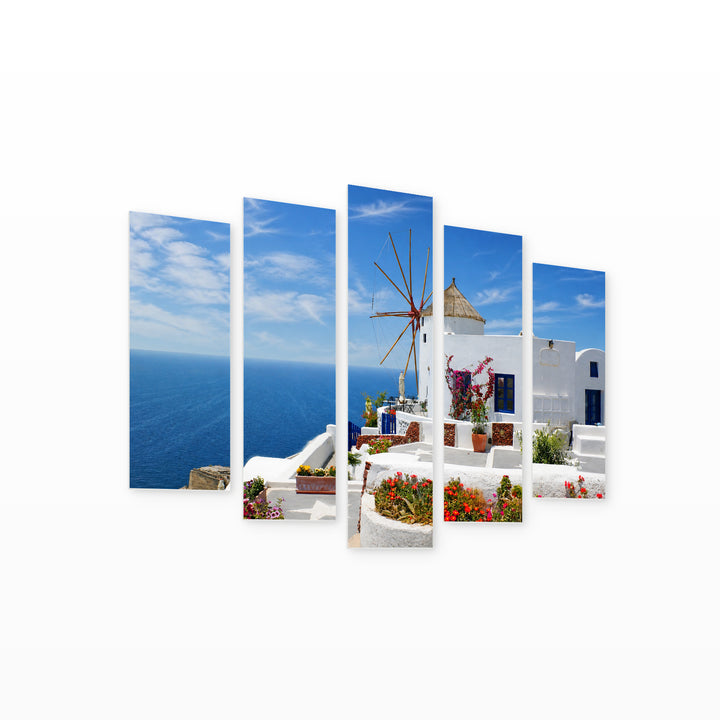 Traditional Buildings in Santorini in Vivid Color — five-panel wall art on white background in perspective | 5wallart 51290 M1
