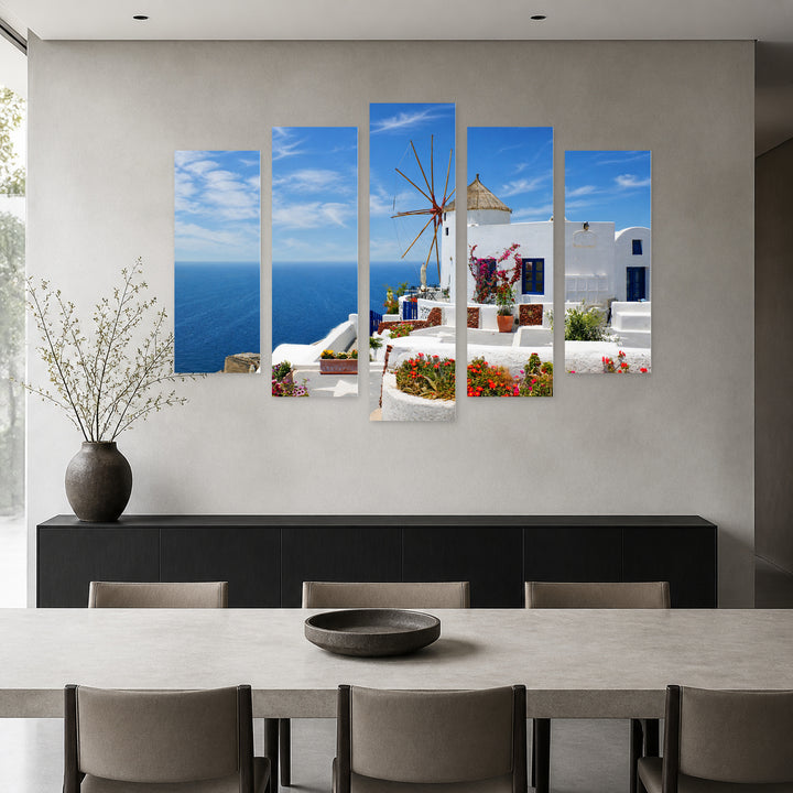 Traditional Buildings in Santorini in Vivid Color — five-panel wall art in frontal interior | 5wallart 51290 M3
