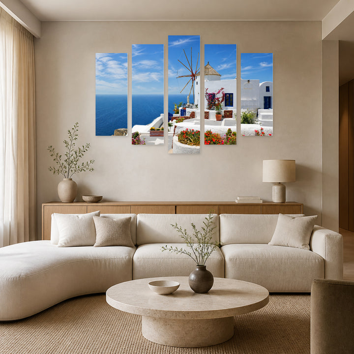 Traditional Buildings in Santorini in Vivid Color — five-panel wall art in alternate frontal interior | 5wallart 51290 M4