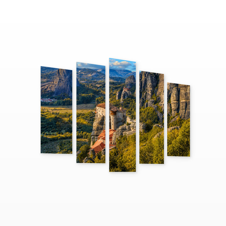 Monasteries in Meteora, Greece in Blue and Gold — five-panel wall art on white background in perspective | 5wallart 51291 M1