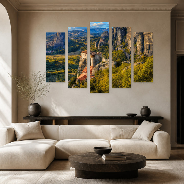 Monasteries in Meteora, Greece in Blue and Gold — five-panel wall art in frontal interior | 5wallart 51291 M3