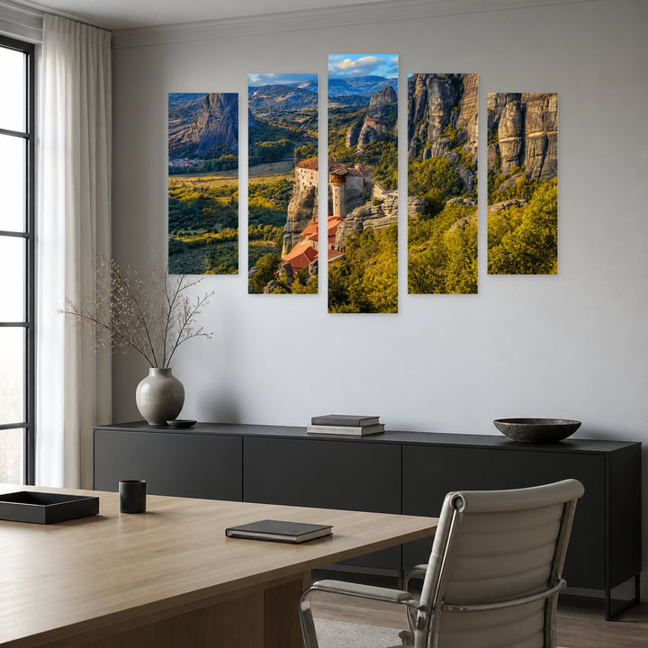 Monasteries in Meteora, Greece in Blue and Gold — five-panel wall art in alternate frontal interior | 5wallart 51291 M4
