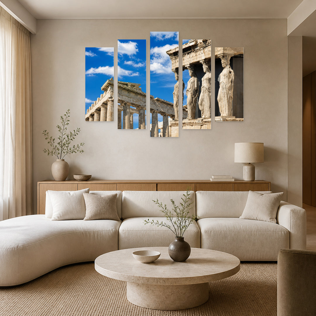 Acropolis with Geometric Rhythm — five-panel wall art in alternate frontal interior | 5wallart 51292 M4