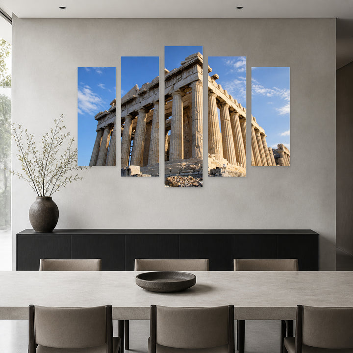 Pantheon, Greece in Serene Light — five-panel wall art in alternate frontal interior | 5wallart 51293 M4