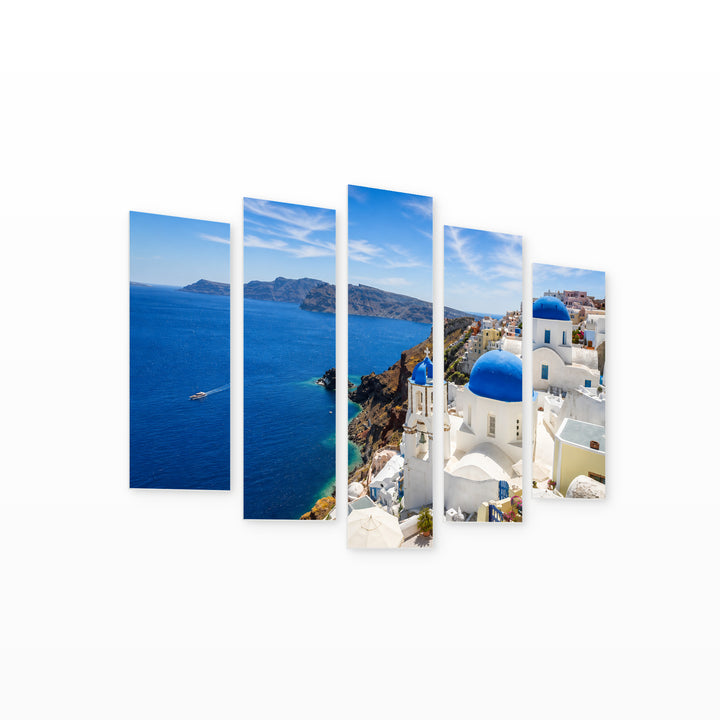 Traditional Architecture in Santorini with Geometric Rhythm — five-panel wall art on white background in perspective | 5wallart 51295 M1