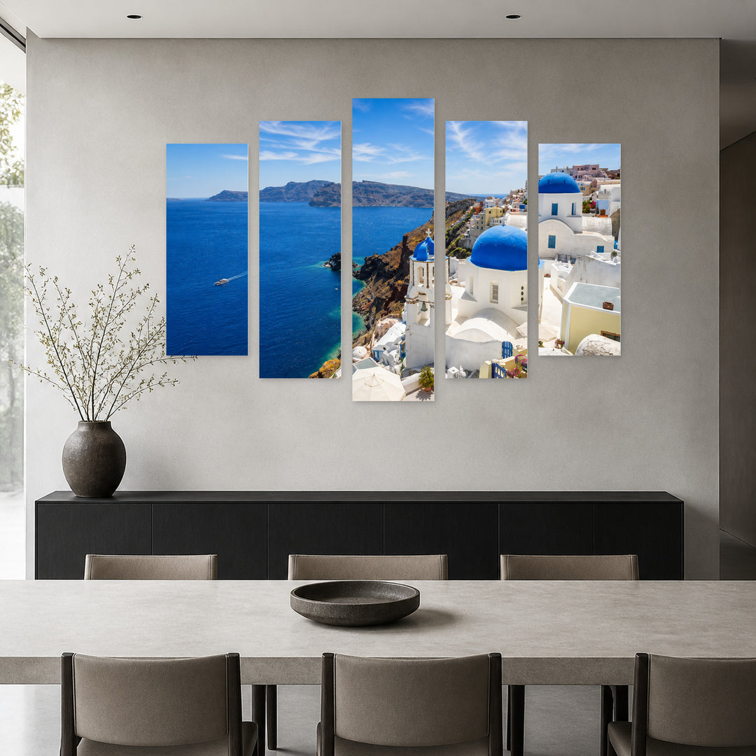 Traditional Architecture in Santorini with Geometric Rhythm — five-panel wall art in alternate frontal interior | 5wallart 51295 M4