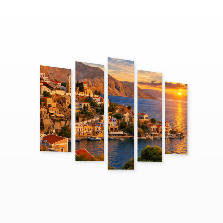 Symi Island at Golden Sunset — five-panel wall art on white background in perspective | 5wallart 51298 M1