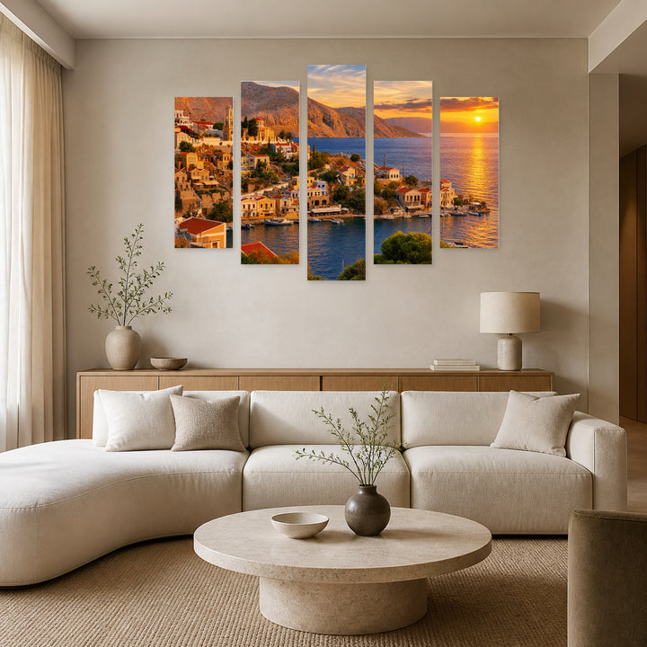 Symi Island at Golden Sunset — five-panel wall art in alternate frontal interior | 5wallart 51298 M4