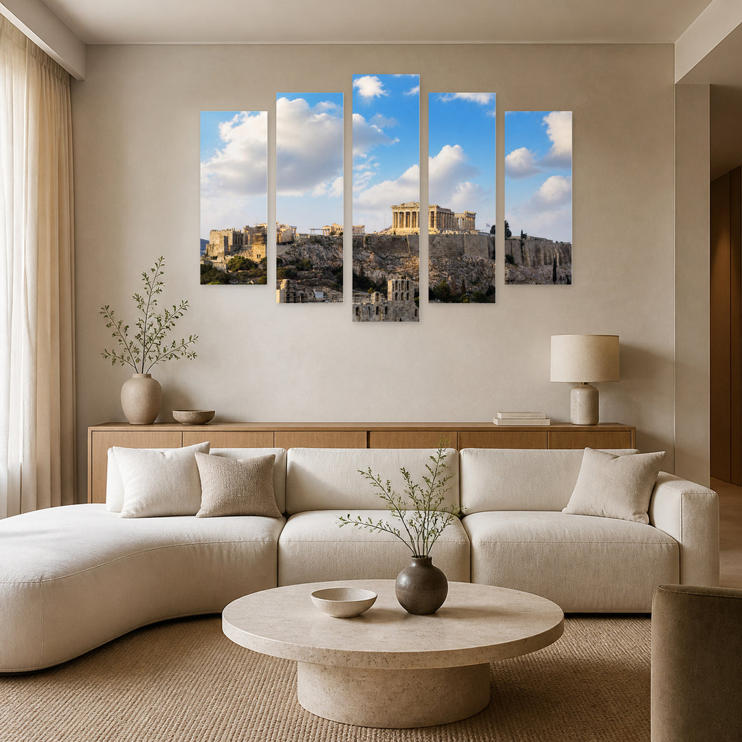 Athens with Geometric Rhythm — five-panel wall art in frontal interior | 5wallart 51299 M3